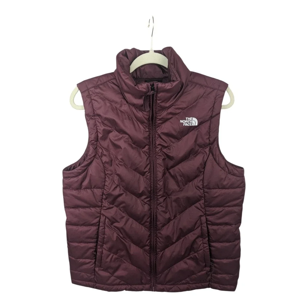 The North Face Womens 550 Down Puffer Vest Burgundy Maroon Chevron Quilted Large